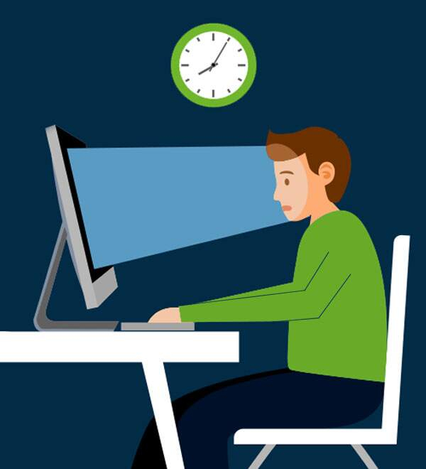 Een tekening van een man achter een bureau met de juiste schermafstand afgebeeld 