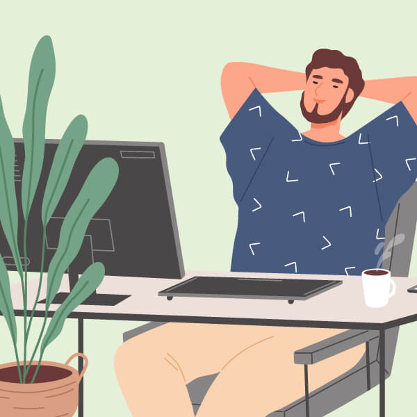Ilustración de un hombre tomándose un descanso frente a su ordenador de trabajo